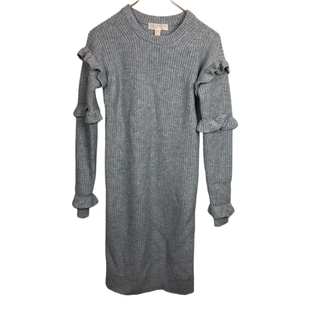 Michael Kors Ruffled Ribbed Sweater Dress Gray XXS